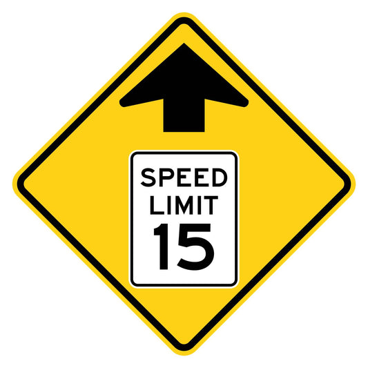 Yellow diamond sign with black arrow and "SPEED LIMIT 15" symbol, warning of reduced speed.