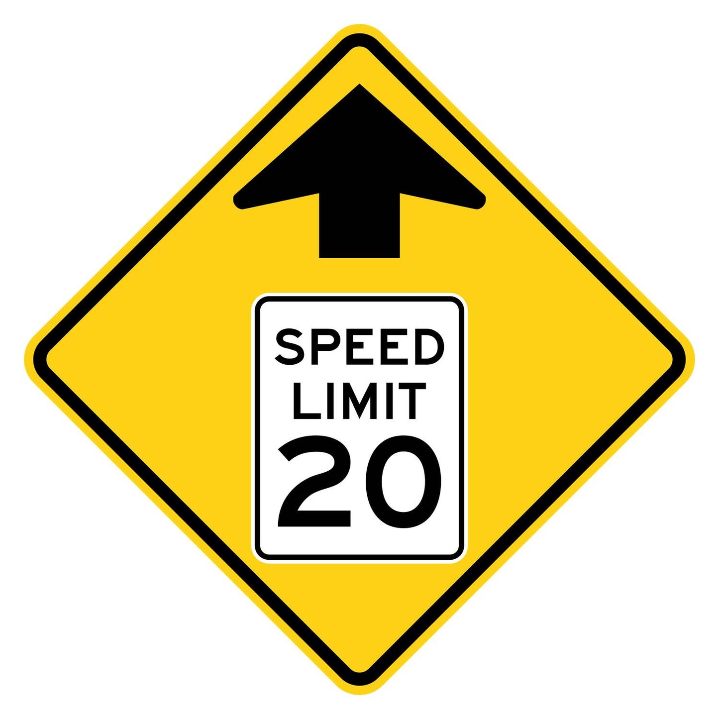 Yellow diamond W3-5 sign with black arrow and "SPEED LIMIT 20" in a white rectangle.