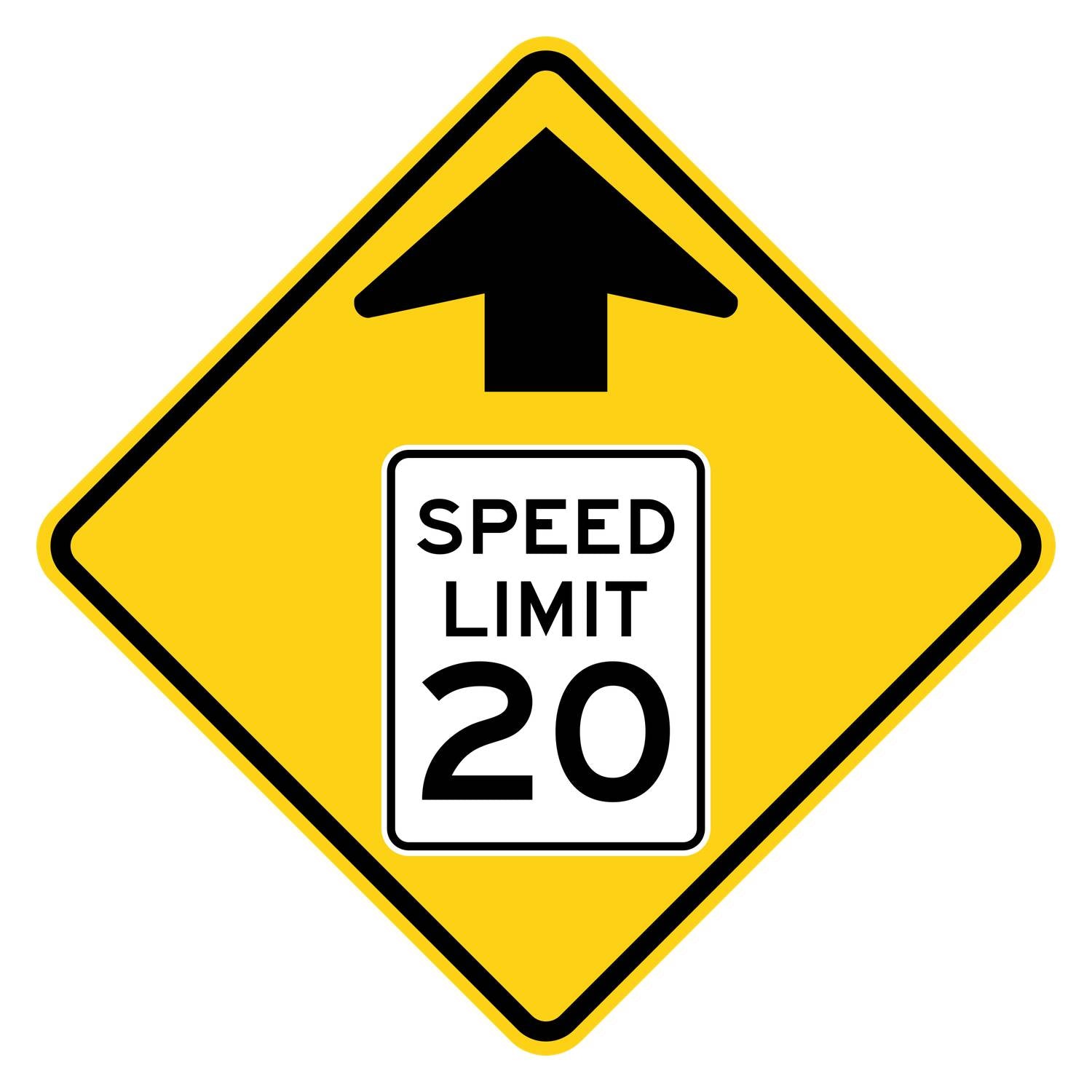Yellow diamond W3-5 sign with black arrow and "SPEED LIMIT 20" in a white rectangle.