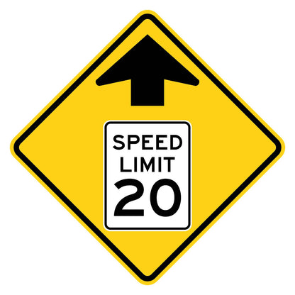 Yellow diamond W3-5 sign with black arrow and "SPEED LIMIT 20" in a white rectangle.