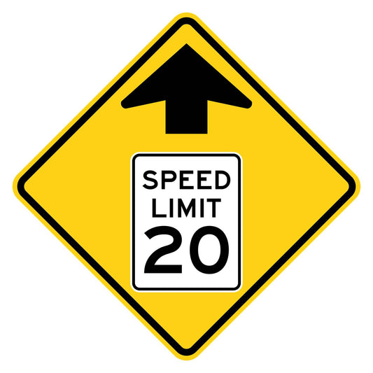 Yellow diamond W3-5 sign with black arrow and "SPEED LIMIT 20" in a white rectangle.
