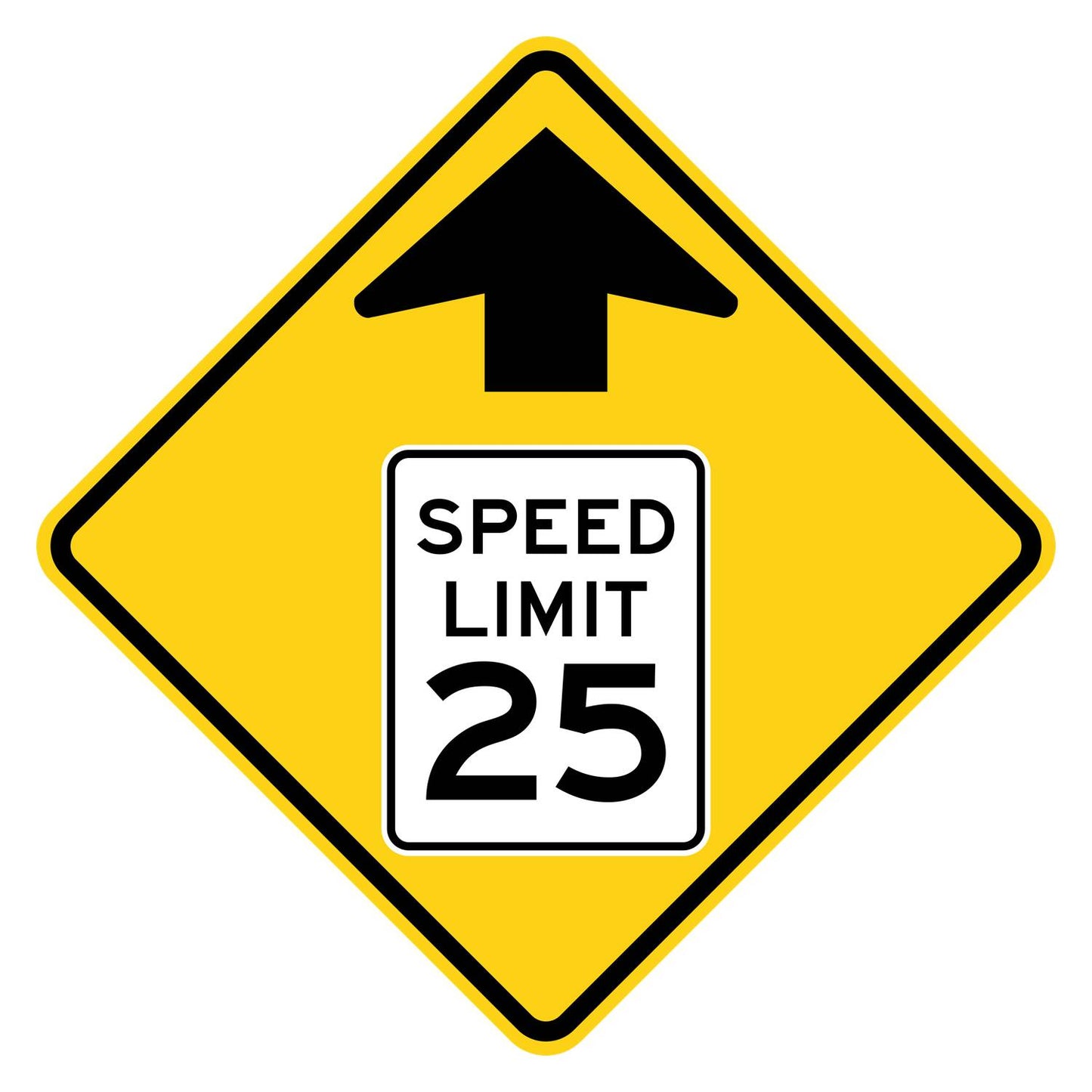 Yellow diamond reduced speed limit ahead sign with black arrow and "SPEED LIMIT 25" symbol.