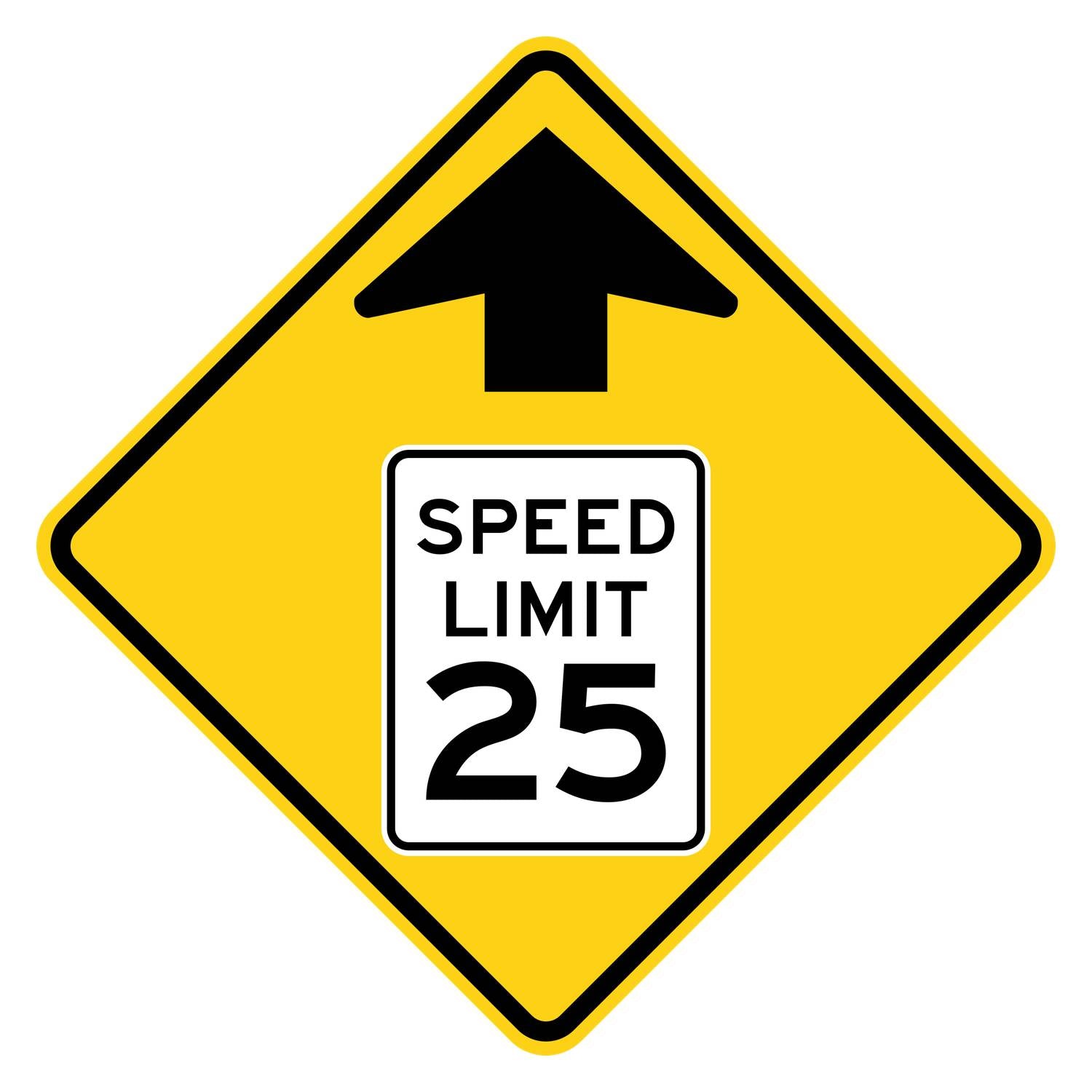 Yellow diamond reduced speed limit ahead sign with black arrow and "SPEED LIMIT 25" symbol.