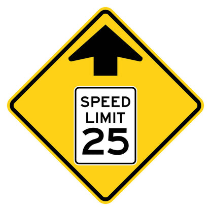 Yellow diamond reduced speed limit ahead sign with black arrow and "SPEED LIMIT 25" symbol.