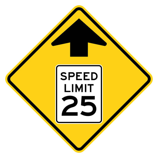 Yellow diamond reduced speed limit ahead sign with black arrow and "SPEED LIMIT 25" symbol.