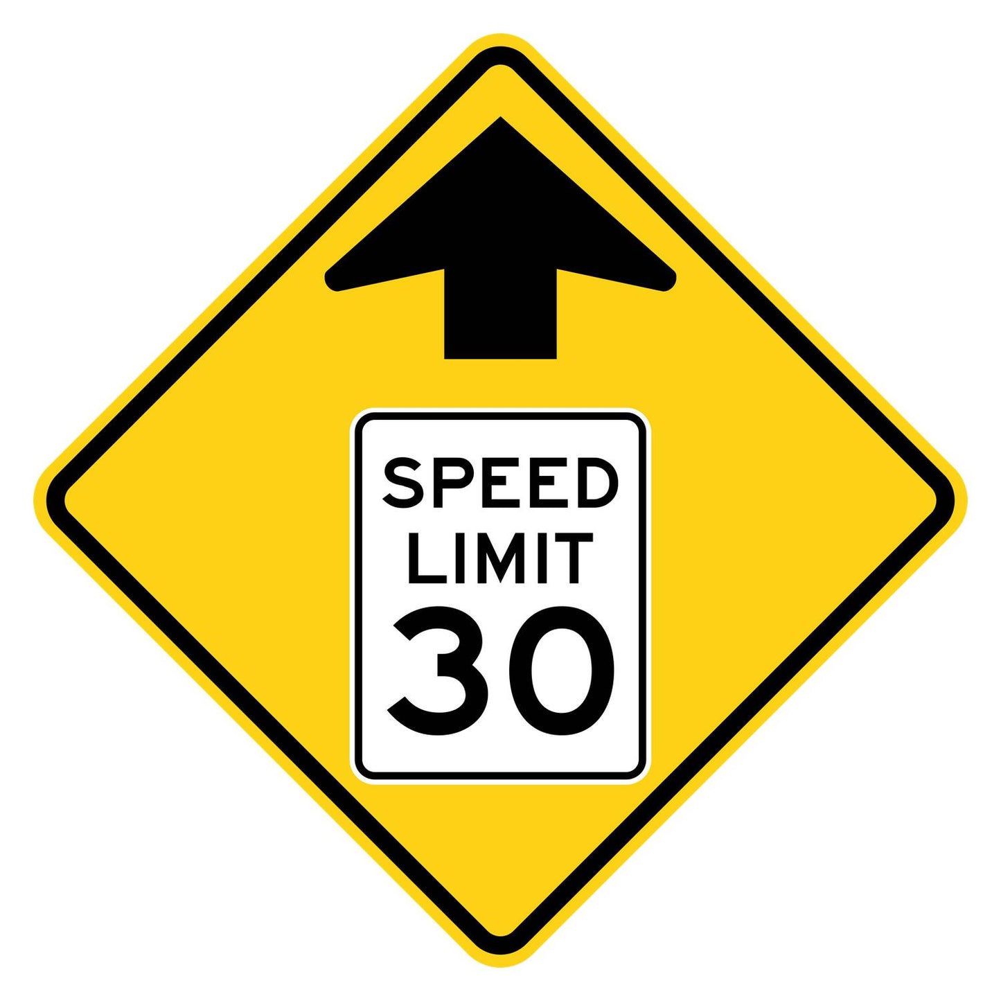 Yellow diamond sign with black arrow and "SPEED LIMIT 30" white rectangle.