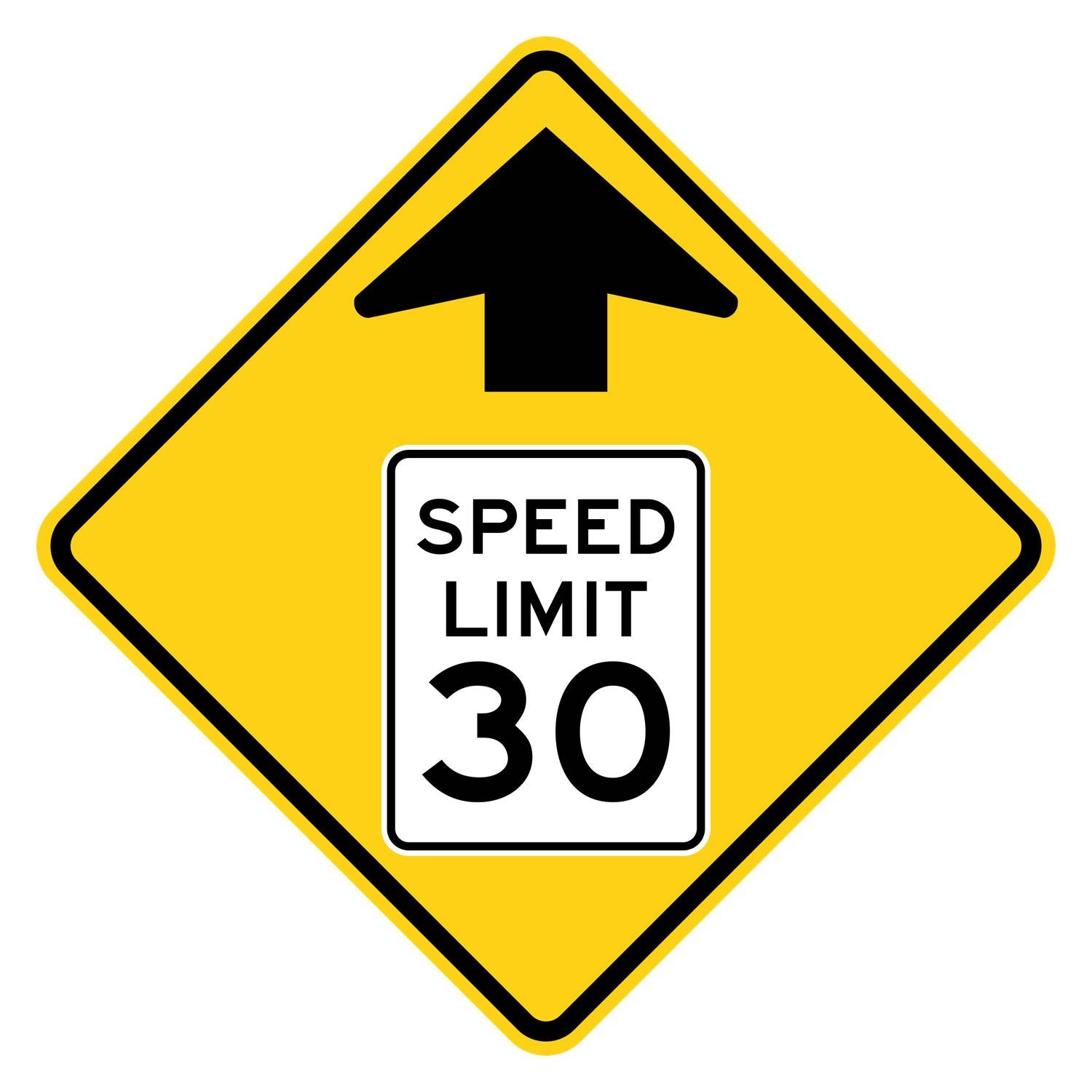 Yellow diamond sign with black arrow and "SPEED LIMIT 30" white rectangle.