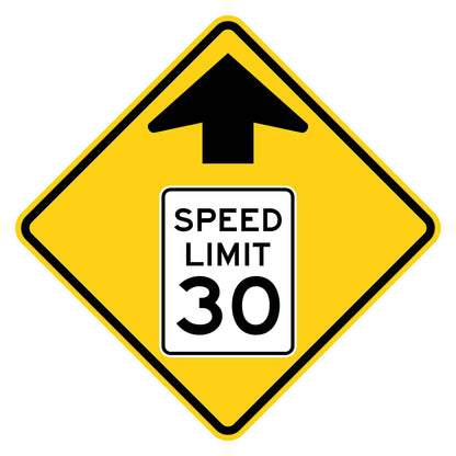 Yellow diamond sign with black arrow and "SPEED LIMIT 30" white rectangle.