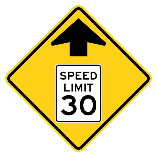 Yellow diamond sign with black arrow and "SPEED LIMIT 30" white rectangle.