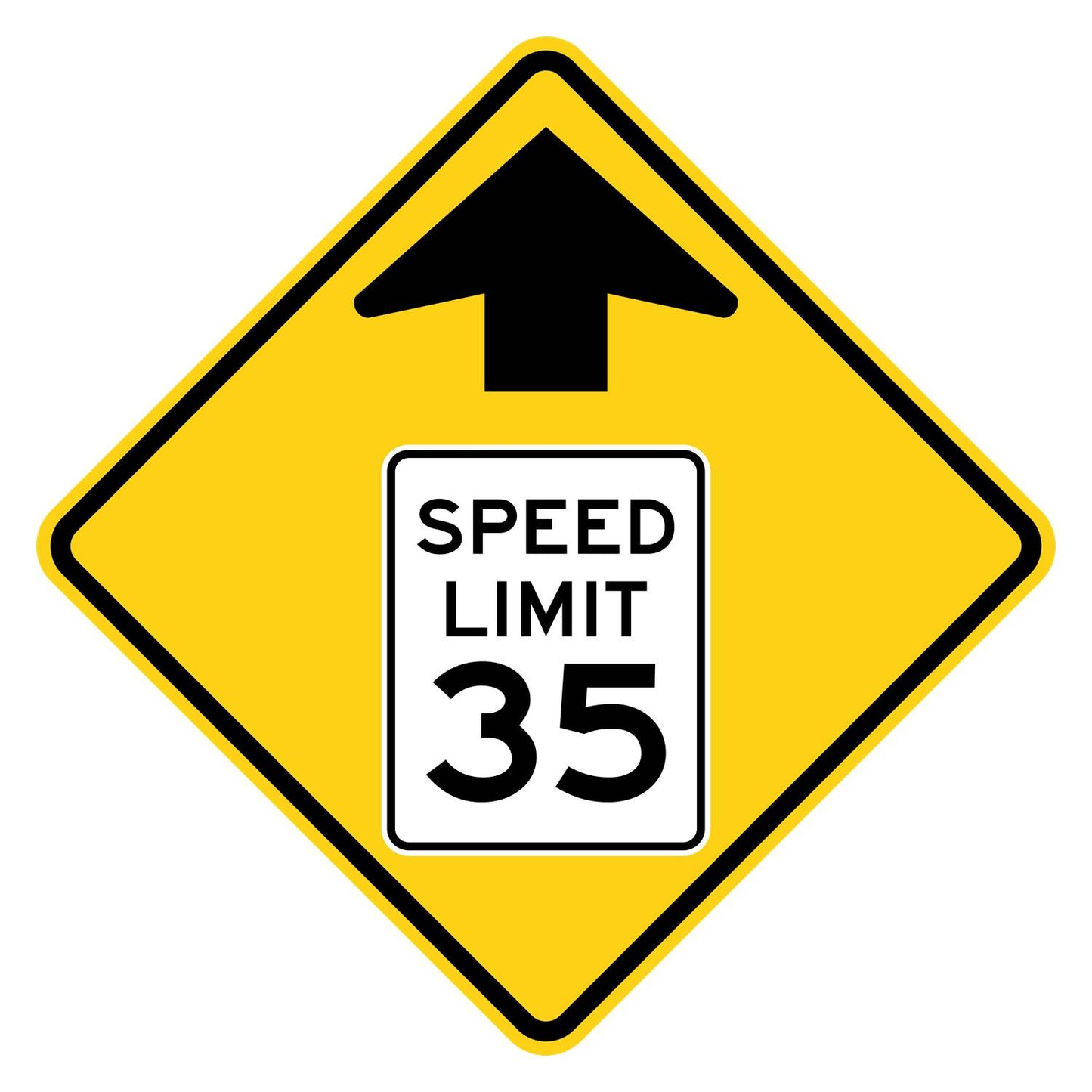 Yellow diamond W3-5 sign with black arrow and a "SPEED LIMIT 35" symbol.