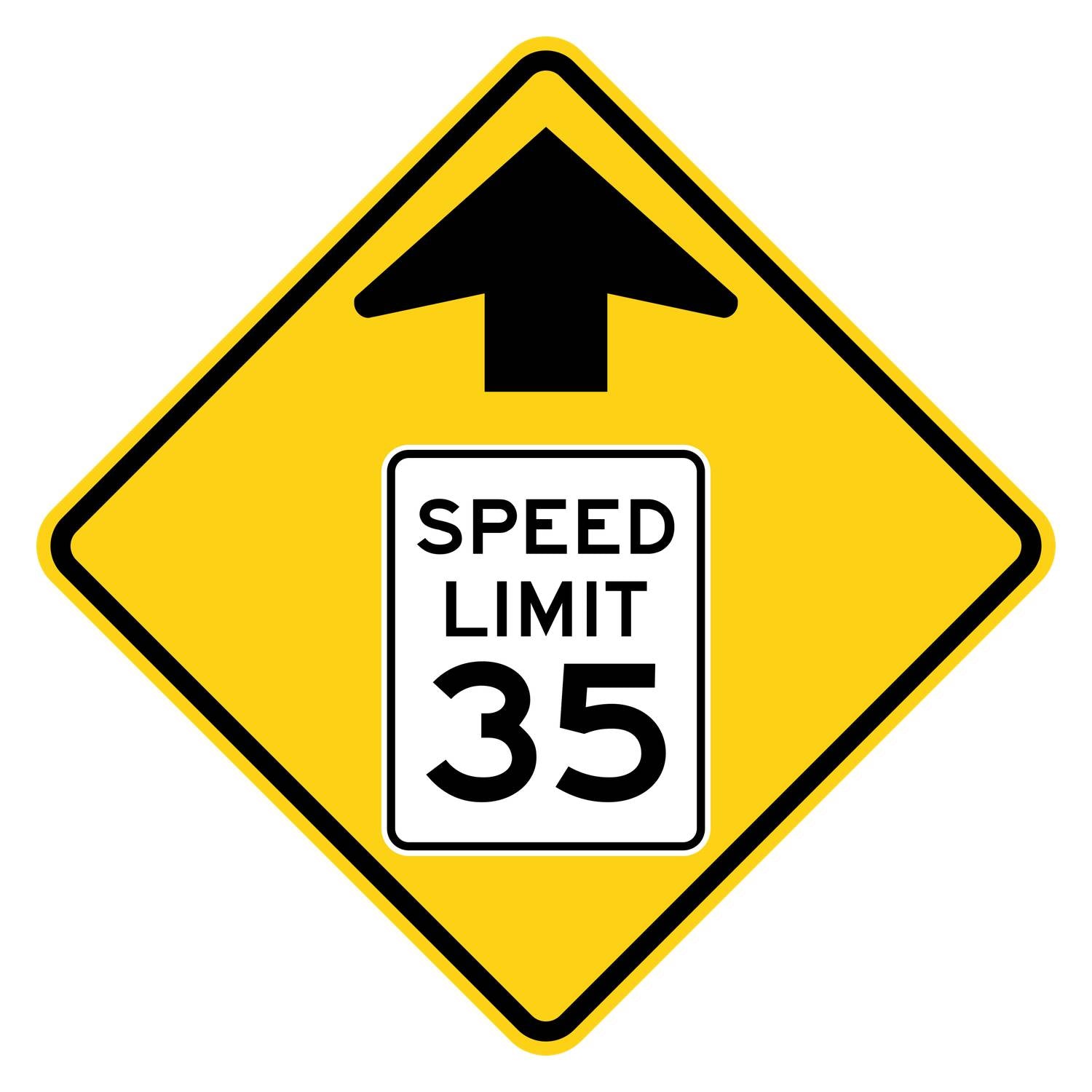 Yellow diamond W3-5 sign with black arrow and a "SPEED LIMIT 35" symbol.
