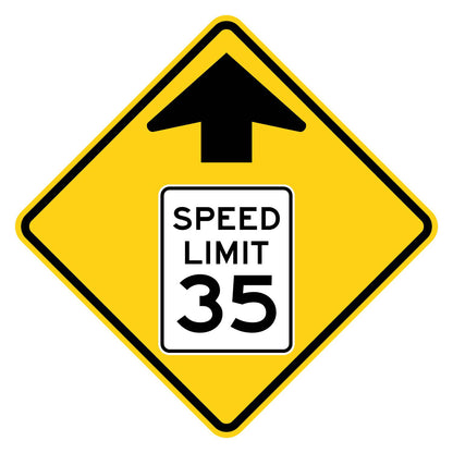 Yellow diamond W3-5 sign with black arrow and a "SPEED LIMIT 35" symbol.