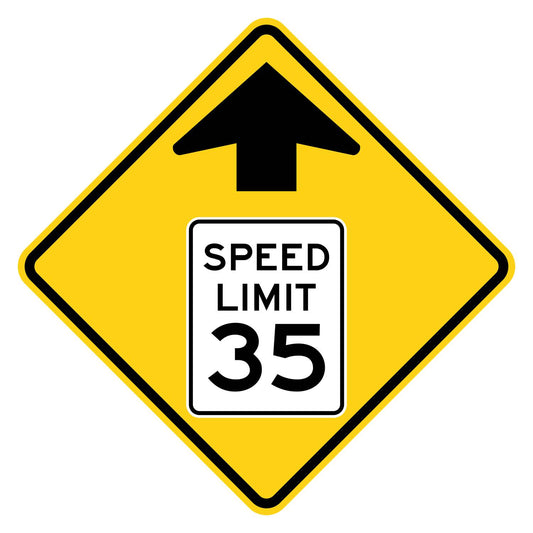 Yellow diamond W3-5 sign with black arrow and a "SPEED LIMIT 35" symbol.