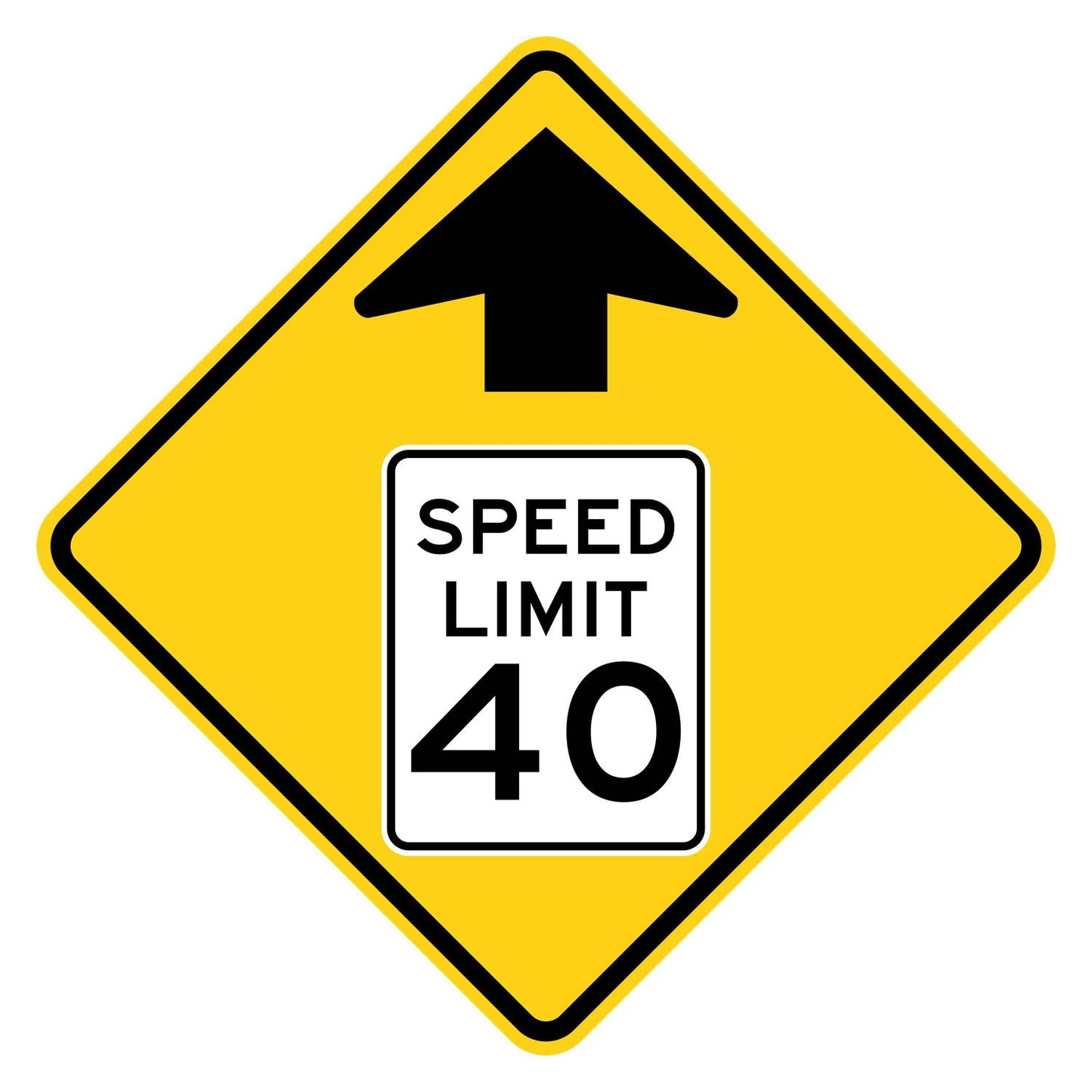 Yellow diamond W3-5 sign with black arrow and "SPEED LIMIT 40" in a white rectangle.