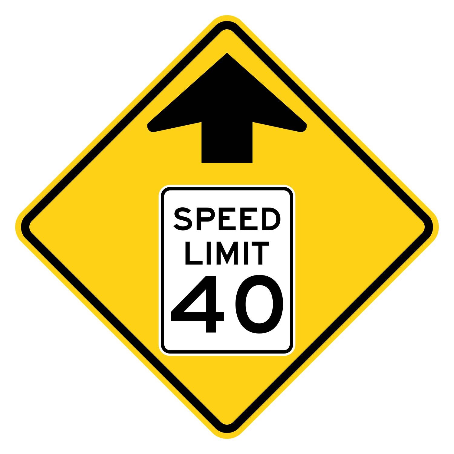 Yellow diamond W3-5 sign with black arrow and "SPEED LIMIT 40" in a white rectangle.
