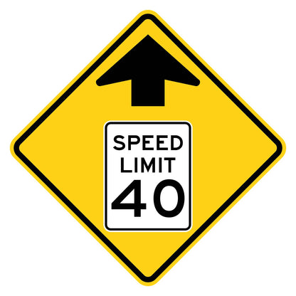 Yellow diamond W3-5 sign with black arrow and "SPEED LIMIT 40" in a white rectangle.