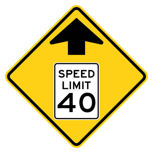 Yellow diamond W3-5 sign with black arrow and "SPEED LIMIT 40" in a white rectangle.