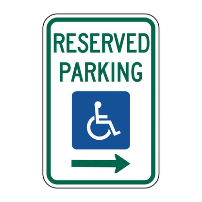 Reserved Parking Handicap Symbol Sign (Right Arrow) R7-8R - white vertical rectangle sign reading RESERVED PARKING in green above a blue accessible symbol and a green right arrow