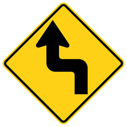 Yellow diamond-shaped W1-3L reverse turn left sign with a black S-curve arrow.