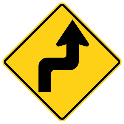Yellow diamond W1-3R reverse turn right sign with black S-curve arrow.