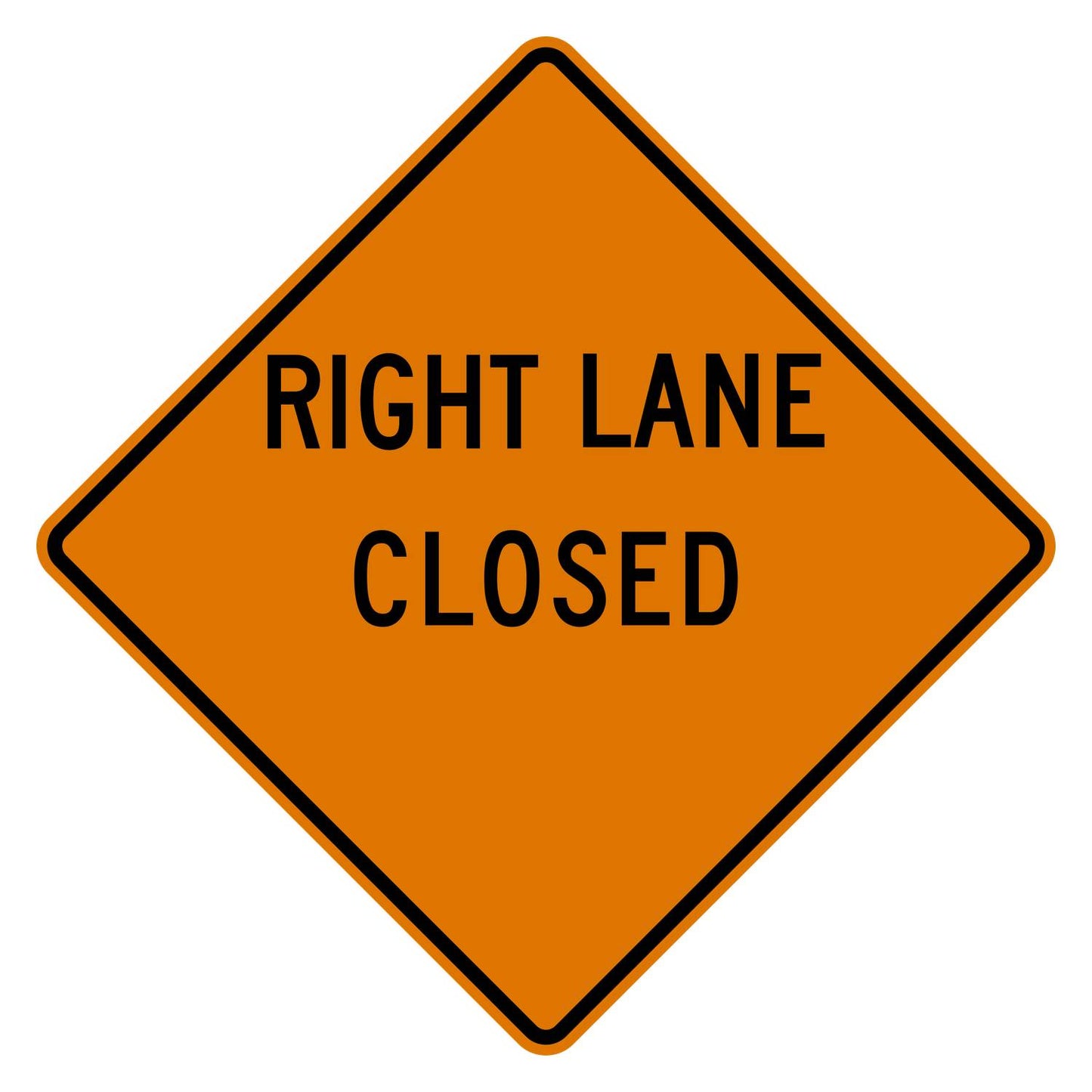 Orange diamond-shaped W20-5R "RIGHT LANE CLOSED" sign with a blank distance area, black text, and border.