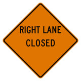 Orange diamond-shaped W20-5R "RIGHT LANE CLOSED" sign with a blank distance area, black text, and border.