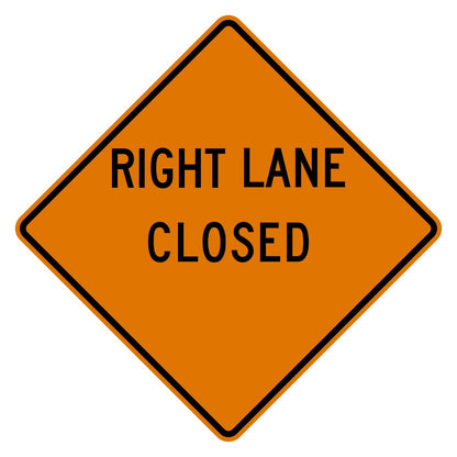 Orange diamond-shaped W20-5R "RIGHT LANE CLOSED" sign with a blank distance area, black text, and border.
