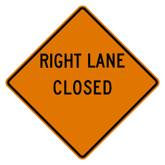 Orange diamond-shaped W20-5R "RIGHT LANE CLOSED" sign with a blank distance area, black text, and border.