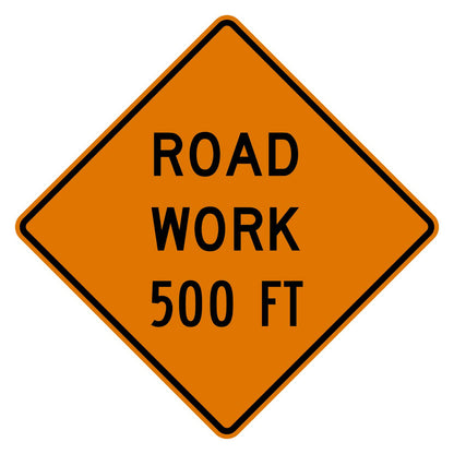 Diamond-shaped fluorescent orange "ROAD WORK 500 FT" warning sign with black text and border.
