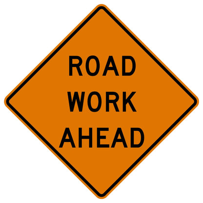 Fluorescent orange diamond "ROAD WORK AHEAD" sign with black text and border, W20-1.