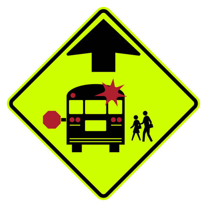 Fluorescent yellow-green diamond sign with black school bus, stop arm, students, and arrow.