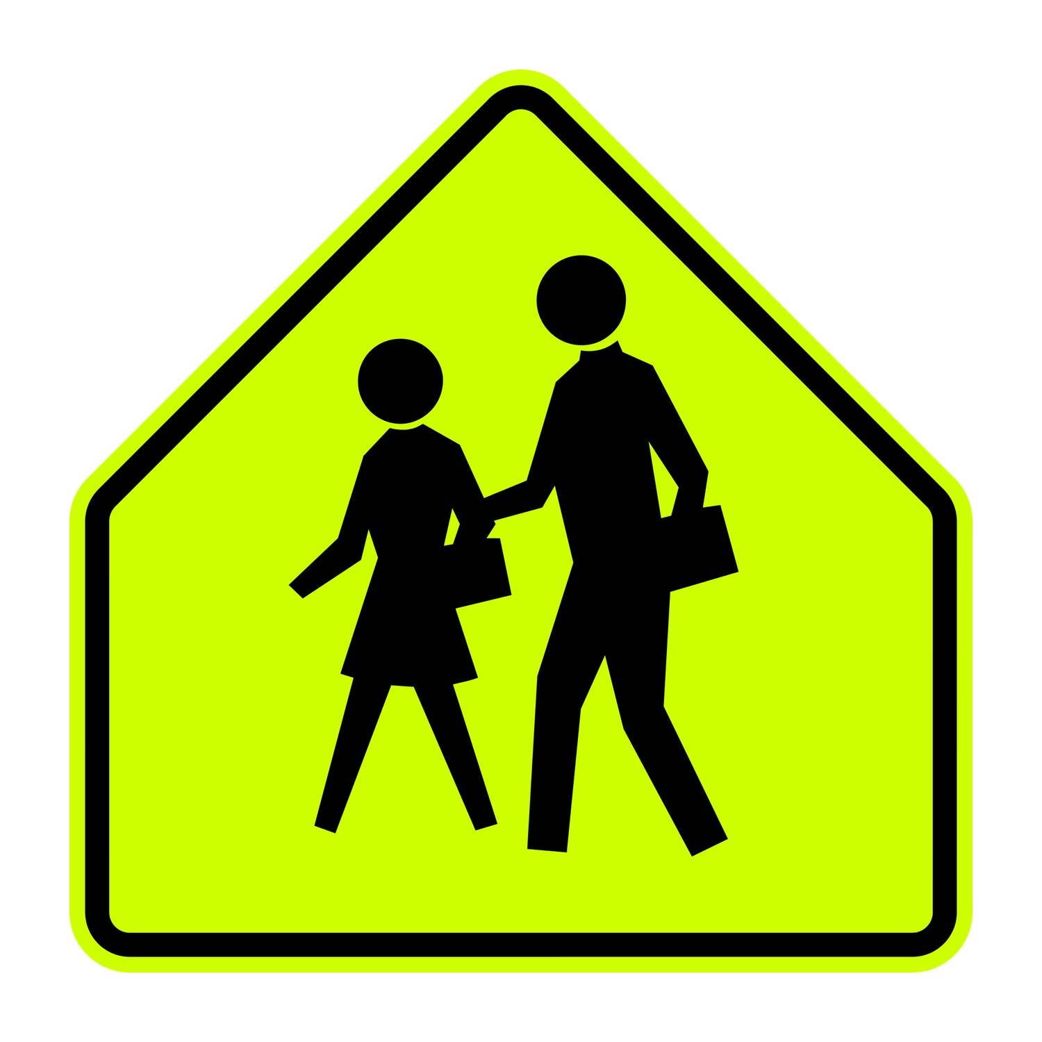 Fluorescent yellow-green S1-1 school crossing sign with black silhouettes of two children walking.