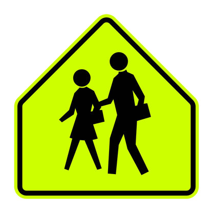 Fluorescent yellow-green S1-1 school crossing sign with black silhouettes of two children walking.