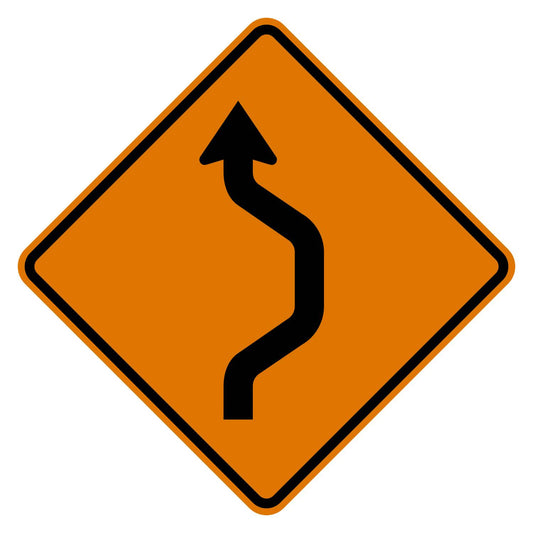 Orange diamond-shaped W24-1R Single Reverse Curve Right sign with a black S-curve arrow.