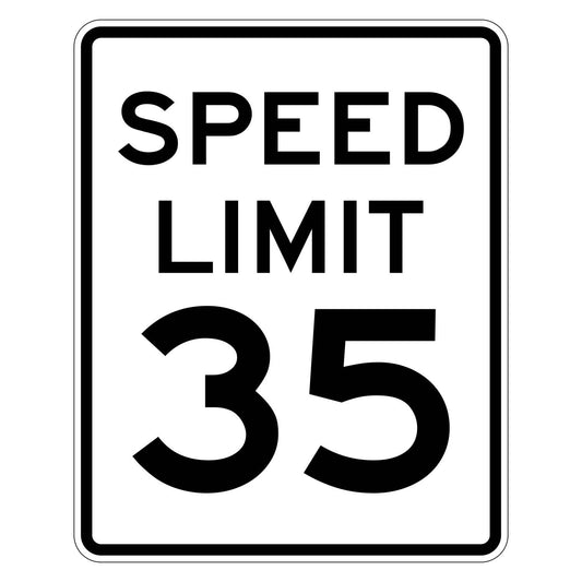 White rectangular Speed Limit 35 MPH sign with black text and border.