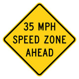 Yellow diamond-shaped 35 MPH Speed Zone Ahead sign with black text and border, made from .080" aluminum.