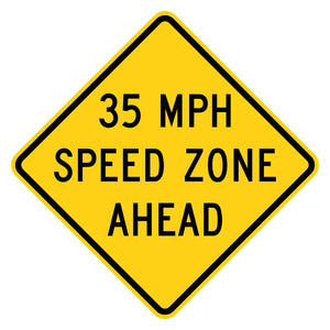Yellow diamond-shaped 35 MPH Speed Zone Ahead sign with black text and border, made from .080" aluminum.
