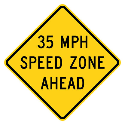 Yellow diamond-shaped 35 MPH Speed Zone Ahead sign with black text and border, made from .080" aluminum.