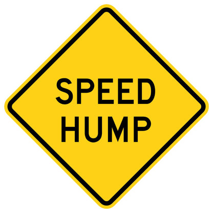 Yellow diamond-shaped W17-1 Speed Hump sign with black text and border.