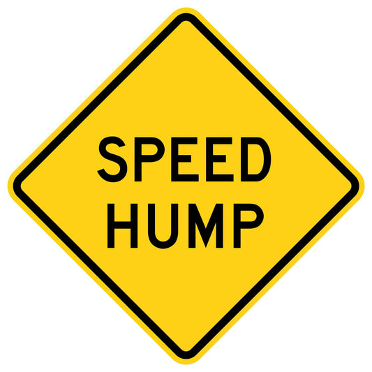 Yellow diamond-shaped W17-1 Speed Hump sign with black text and border.