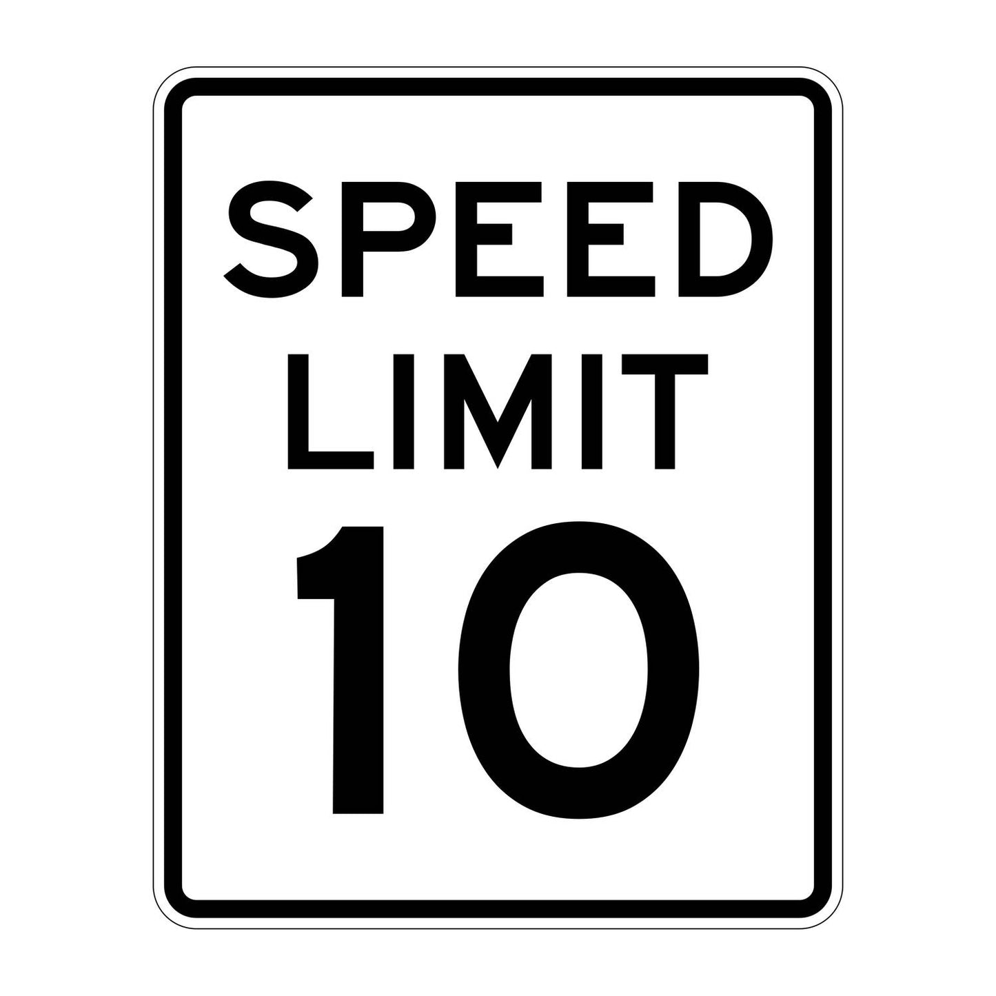 White retroreflective "SPEED LIMIT 10" sign with black text, standard R2-1 design.