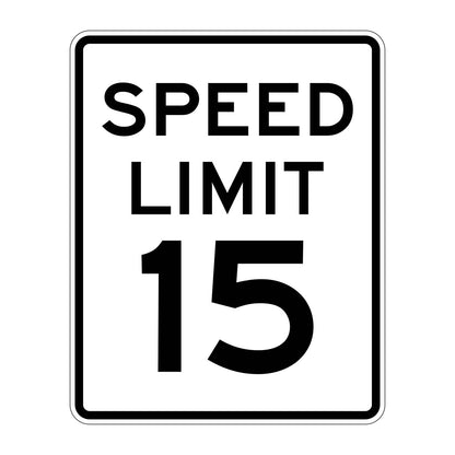 White retroreflective R2-1 speed limit sign with black "SPEED LIMIT 15" text.