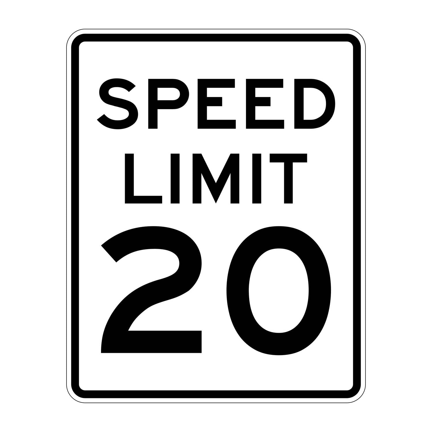White retroreflective Speed Limit 20 MPH sign with black text, standard regulatory design.