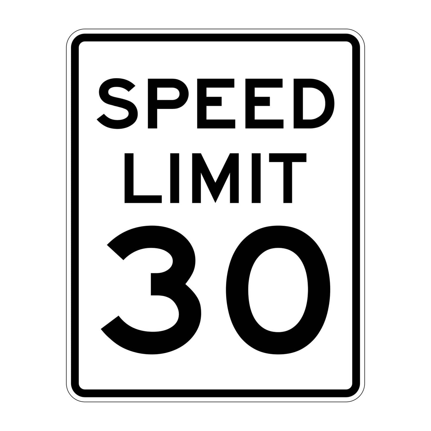 White retroreflective R2-1 speed limit sign with black "SPEED LIMIT 30" text.