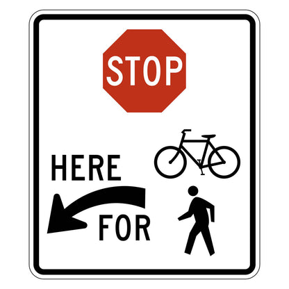 White rectangular R1-5eL sign with red STOP octagon, black bicycle, pedestrian, and "HERE FOR" with left arrow.
