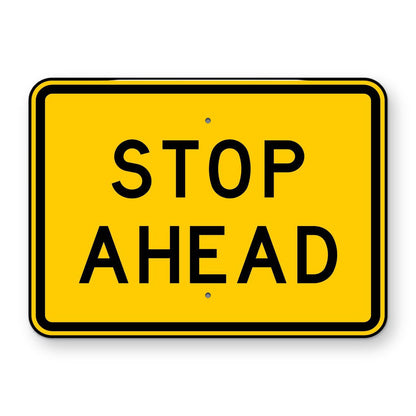 Stop Ahead Plaque W3-1AP - yellow horizontal rectangle plaque reading STOP AHEAD in black letters