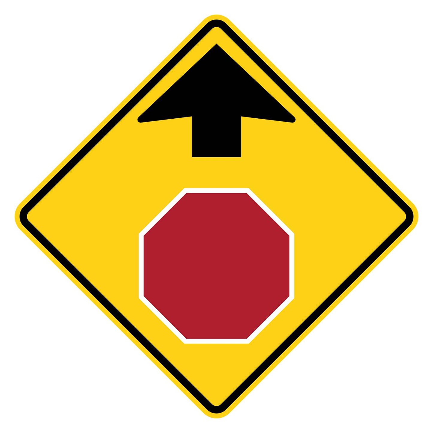 Yellow diamond-shaped Stop Ahead W3-1 sign with a black arrow pointing to a red stop sign symbol.