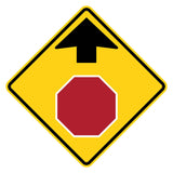 Stop Ahead Sign W3-1 - yellow diamond sign with black up arrow above a red octagon pictograph