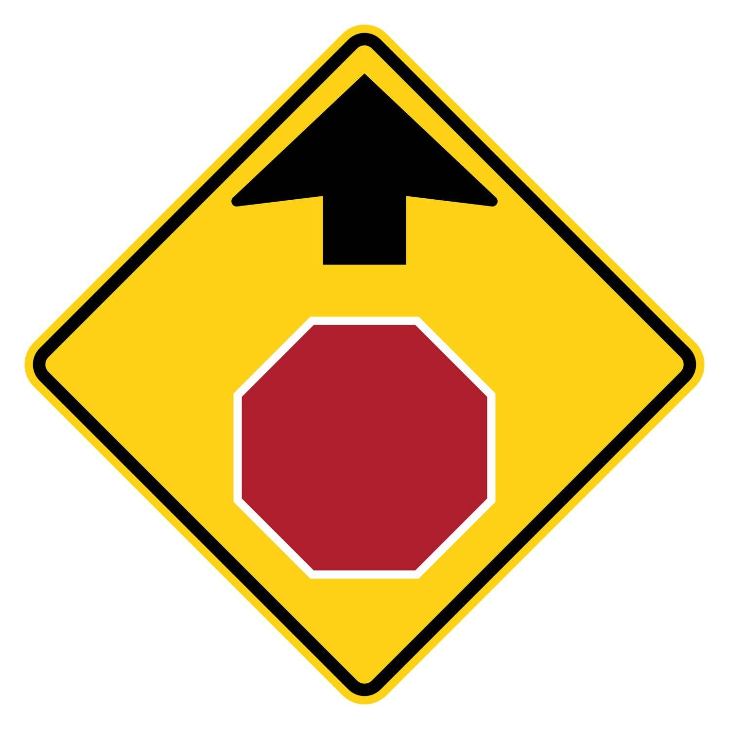 Yellow diamond-shaped Stop Ahead W3-1 sign with a black arrow pointing to a red stop sign symbol.