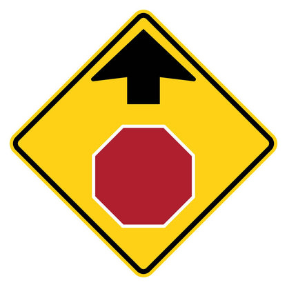 Yellow diamond-shaped Stop Ahead W3-1 sign with a black arrow pointing to a red stop sign symbol.